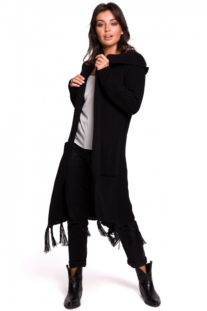 Cardigan tricotat lung cu gluga Model 134742 BE Knit negru