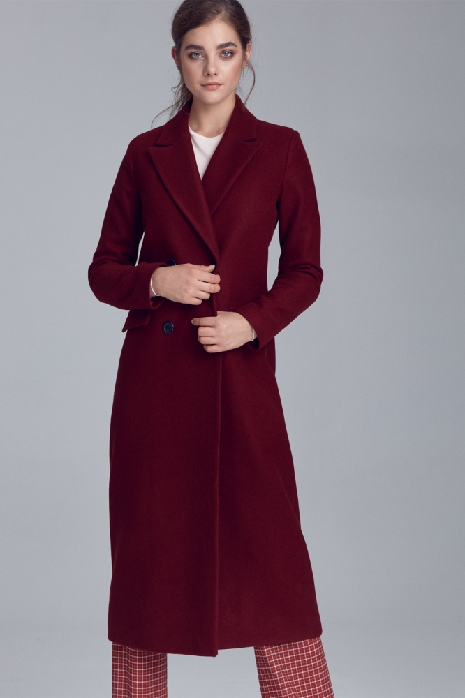 Palton lung elegant cu nasturi Model 137482 Nife rosu